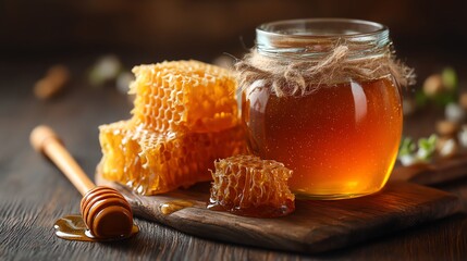 Delicious honey in a jar with honeycomb on a wooden surface.