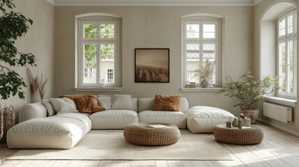 Serene Living Room Interior Design: Beige Sectional Sofa, Natural Decor, and Sunlight