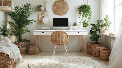 Serene Home Office Decor with Plants and Natural Elements