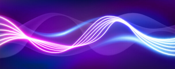 Abstract neon light waves - glowing curved lines flowing on dark background, vibrant blue, pink and purple colors. Futuristic trail technology style. Energy or sound visualization, music rhythm. © klyaksun