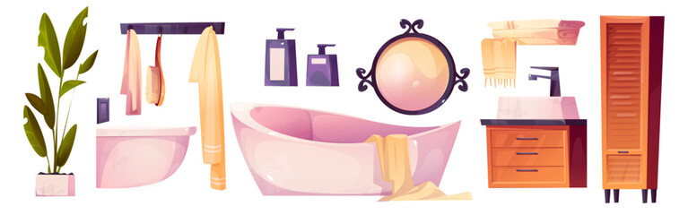 Cartoon bathroom interior set - bathtub with towel and toilet, wall mirror and hanging towels on hooks, soap dispensers, tall storage locker, green potted plant for modern home decoration elements.