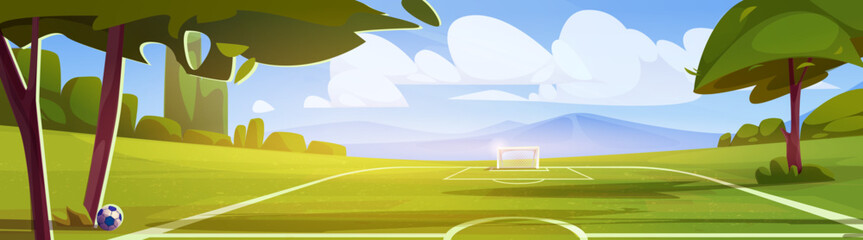 Cartoon soccer stadium field in nature setting - green grass pitch with white goal posts, marking lines, ball under tree, distant mountains surrounding outdoor sports arena for summer football game. © klyaksun