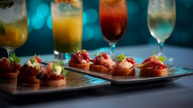 Elegant drinks and appetizers arranged against a bokeh background, showcasing culinary artistry and festive celebration