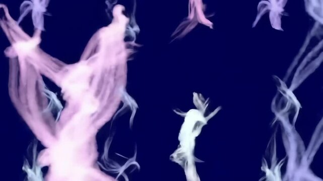 Ethereal pastel spirits or smoky figures dancing gracefully in a serene abstract animation against a dark blue background