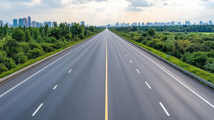 Naklejka premium Long straight highway stretches into distance, surrounded by lush greenery and city skyline
