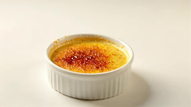 Creamy dessert topped with caramelized sugar in a white ramekin