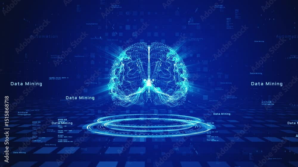 Poster futuristic artificial intelligence concept with a glowing digital brain, binary code, and technology