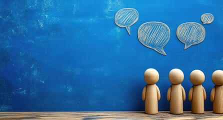 Wooden figures looking at speech bubbles on a blue background
