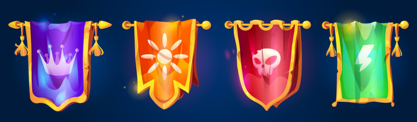 Medieval game flags on golden poles - purple crown banner, orange sun emblem, red skull pennant, green lightning bolt standard. Magical fantasy kingdom banners with tassels for rpg castle adventure.