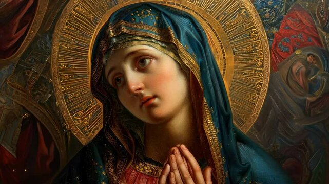 Icon of Virgin Mary: sacred devotion, holy mother, spiritual protection, Catholic faith, revered image, prayer ritual, divine motherhood, immaculate conception, Christian beliefs, faith practice.