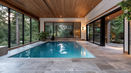 Luxurious indoor pool with glass enclosure, surrounded by nature and elegant design