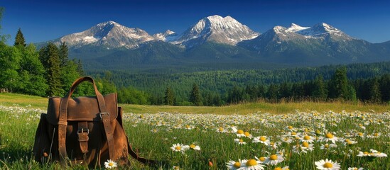 Leather bag amidst mountain meadow