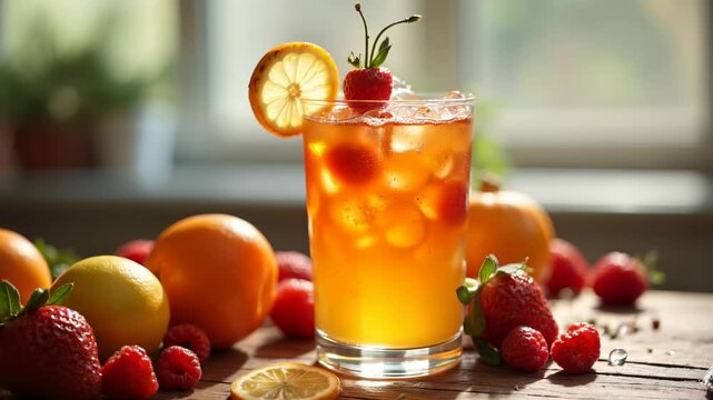 Refreshing summer drink with fruits served in a glass on a wooden table in a bright setting