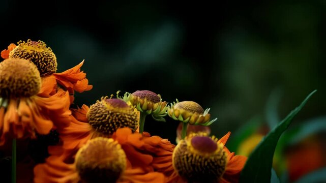Close up of vibrant orange Helenium autumnale flowers, revealing detailed textures and form in botanical garden setting.