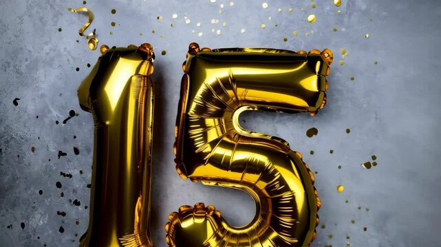 Golden number fifteen balloons on textured gray background with scattered confetti, celebrating 15th birthday or anniversary.