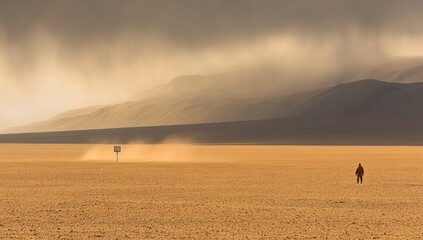 Vast desert landscape, storm approaching