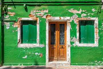 Emerald facade of an old house with weathered walls and wooden shutters in Burano, Italy.