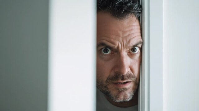 Man anxiously peeks through ajar doorway