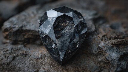 Polished black gemstone on rugged rock surface, close-up with detailed reflections.
