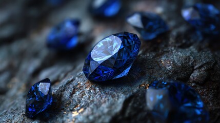 Close-up of beautiful blue gemstones on rocky surface, showcasing natural brilliance.