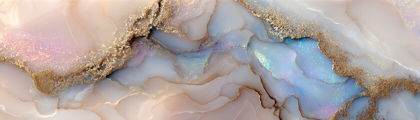 Abstract marble texture with soft pastel colors and golden accents.