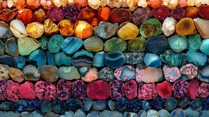 Colorful gemstones arranged in a beautiful gradient pattern, white isolate background.