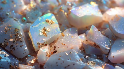Colorful crystals with gold flakes, sparkling in light.