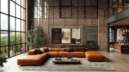 Modern Loft Apartment Interior Design: Luxurious Leather Sectional Sofa in Industrial Brick Setting