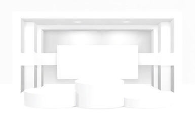 Minimalist white exhibition booth design with cylindrical platforms