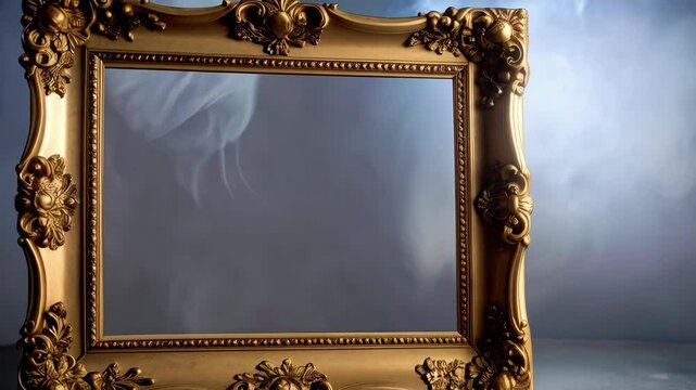 Elegant golden picture frame with ornate details set against a smoky background. Ideal for displaying cherished memories or art.