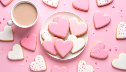 Fototapeta premium Sweet heart-shaped cookies with pink icing are a romantic symbol of love, perfect for Valentine's Day
