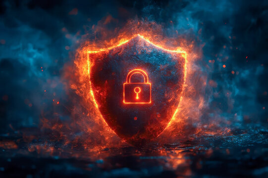 Cybersecurity concept with glowing shield and lock icon in fiery flames, digital data protection, secure network, firewall, internet safety background