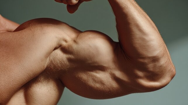 Muscular arm flexed in close-up	