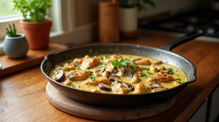 A pan of food with chicken and mushrooms in it