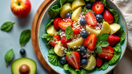 A bowl of fruit salad with strawberries, blueberries, and apples