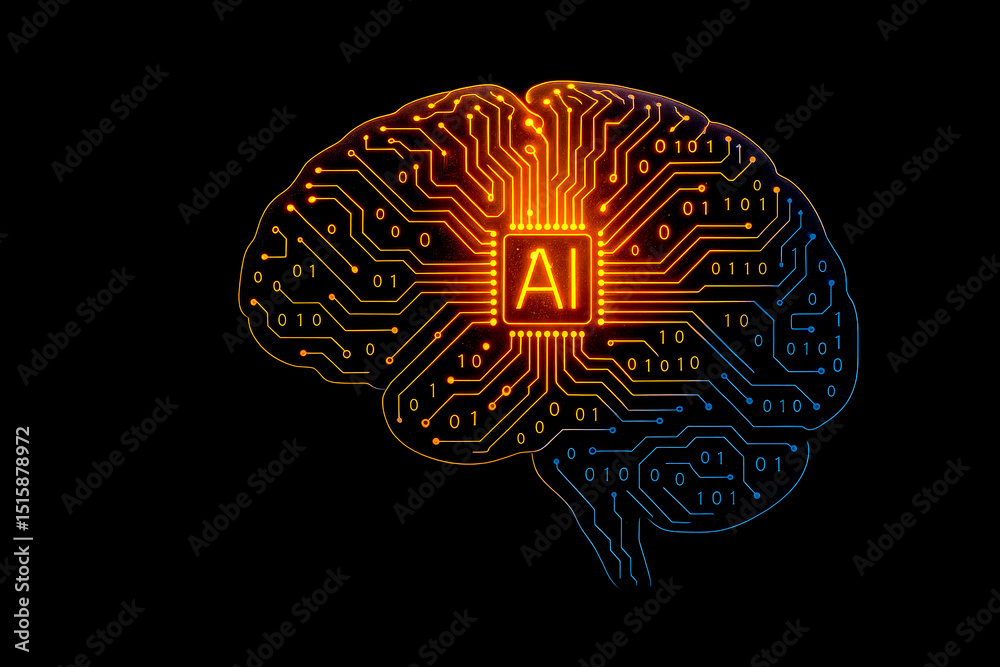 Poster artificial intelligence brain circuit glowing with orange light, technology innovation, digital data