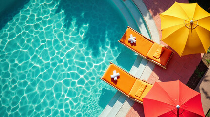 A pool with two orange lounge chairs and two red umbrellas
