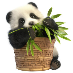 Panda bear with bamboo basket isolated on transparent background. 3D illustration.