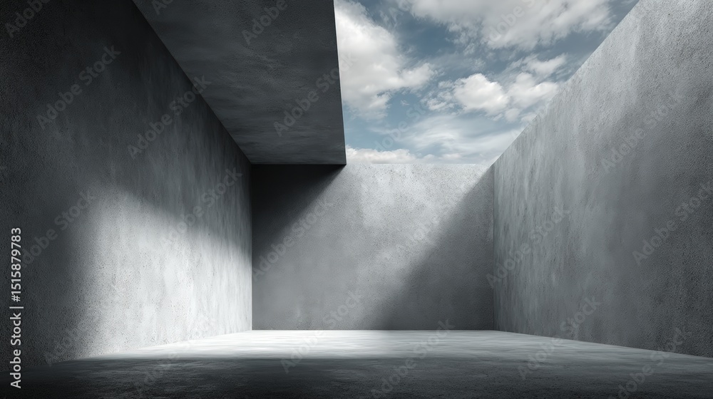 Poster Minimalist render of an empty concrete space opening on a cloudy blue sky, perfect for backgrounds and architecture concepts