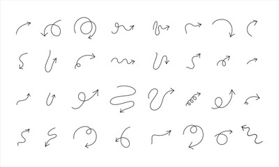 PrintSet of black Doodle hand drawn arrows isolated on white. Vector illustration. Arrow collection set.
