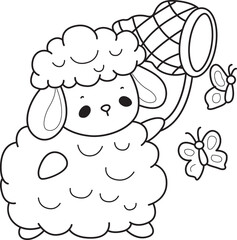 Coloring pages of Baby sheep illustration activites. Funny sheep clip art elements.