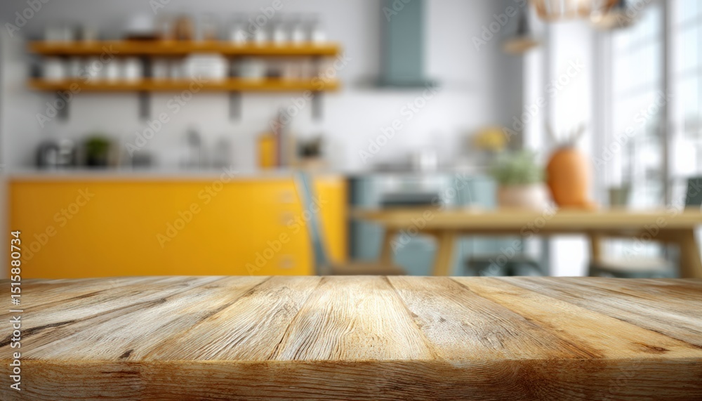 Poster Featuring an empty wooden table set in a modern kitchen, offering an ideal backdrop for product placement and stylish displays