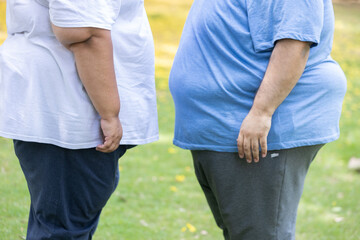 Obesity - Overweight indian couple big fatty belly. Plus size man and woman together. Fat people face to face. Closeup.