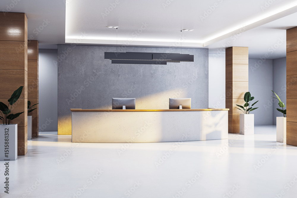 Poster modern corporate reception desk in bright minimalist office interior with wood and concrete elements