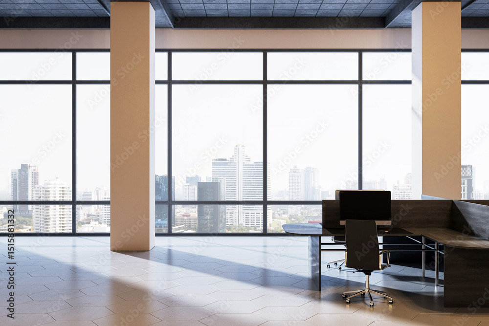 Aufkleber Modern office interior with panoramic cityscape view through large windows and minimalistic desk setup in natural light. 3D Rendering. 3D Rendering