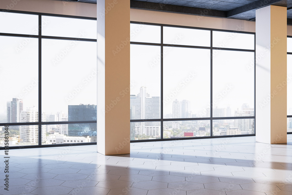 Poster Bright modern empty office interior with panoramic city view through large windows and daylight streaming across tiled floor background concept. 3D Rendering