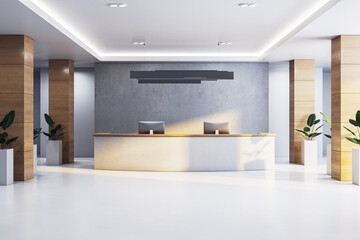 Modern corporate office reception with minimalist desk, wooden columns, concrete wall, and plants in a bright, empty interior space. 3D Rendering