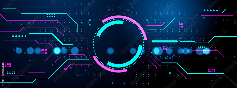 Poster futuristic neon blue and pink user interface background with glowing circuit elements on a dark mode