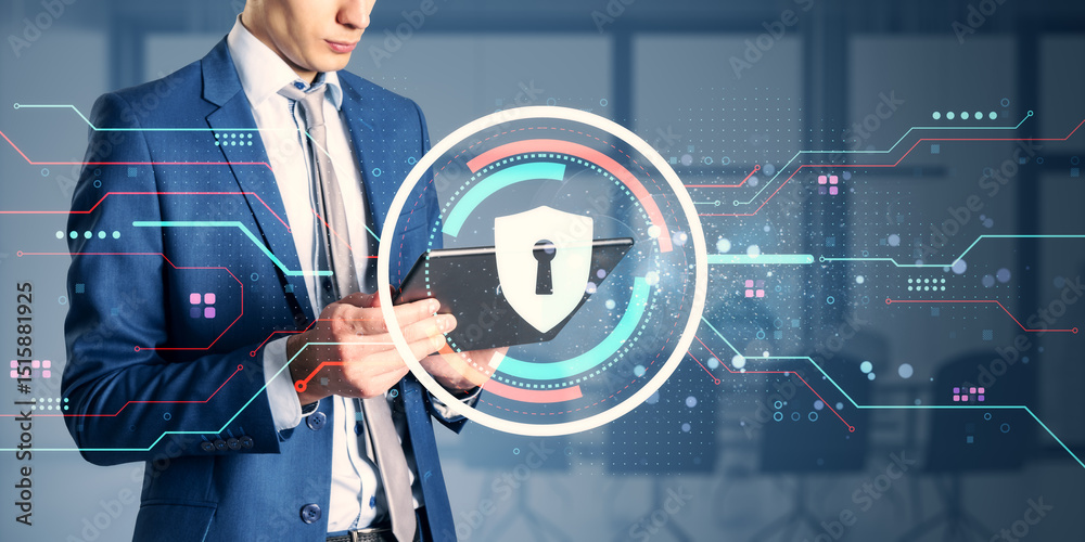 Poster Businessperson using tablet with digital lock shield symbol representing cybersecurity and data protection on tech office background.
