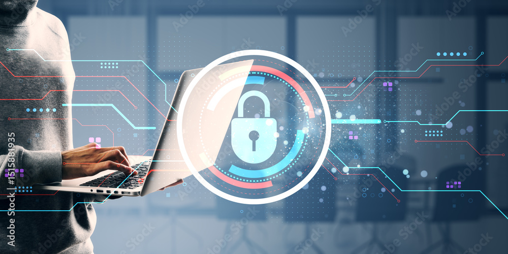 Poster Cybersecurity concept showing person using laptop with digital lock icon overlay on blurred office background, illustrating data protection.